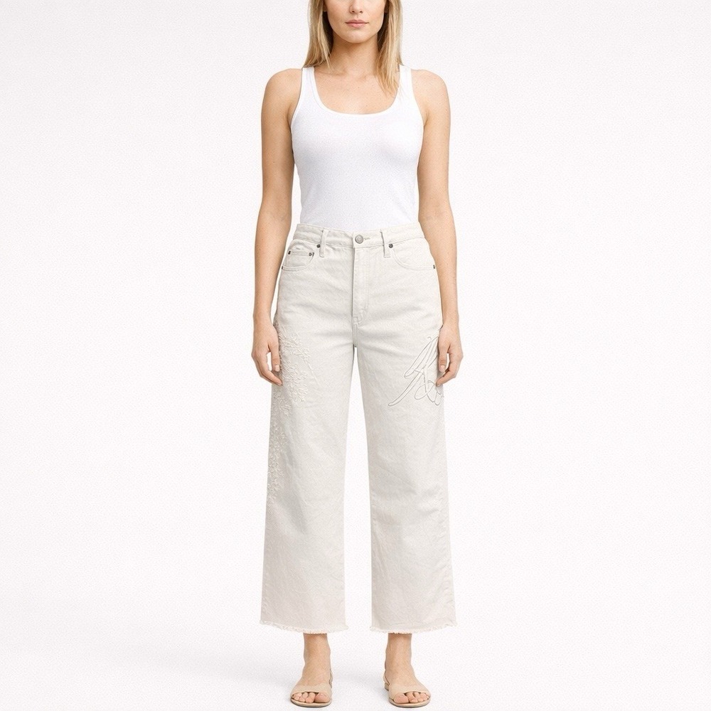RALPH LAUREN Jeans Embroidered High Rise Relaxed Wide Leg Crop Size 12 Beige New